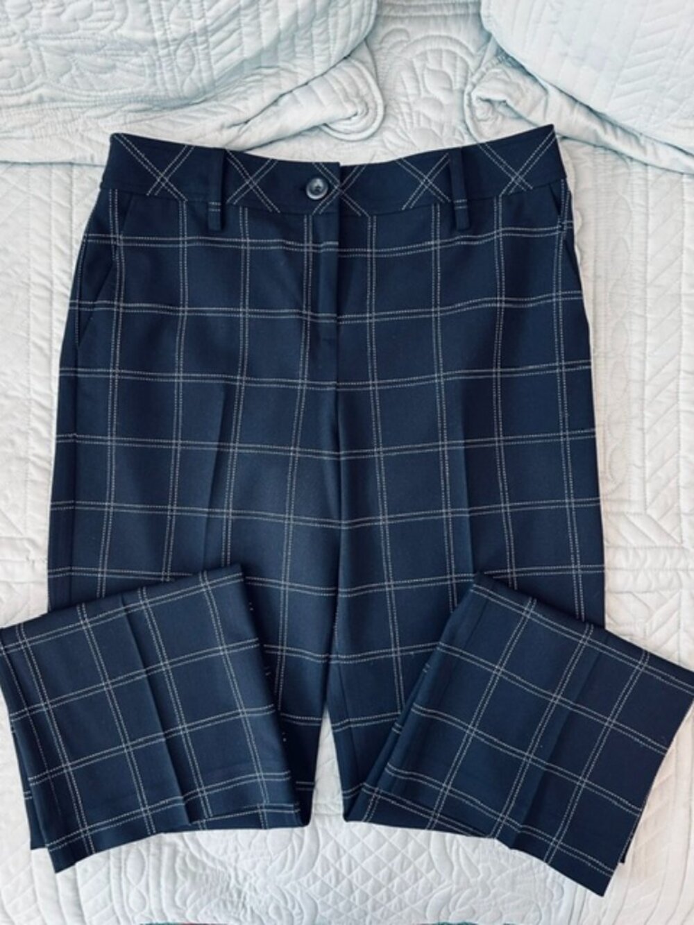 LOFT EUC Navy Blue Double Windowpane White/Light Blue Plaid Dress Pants Size 6